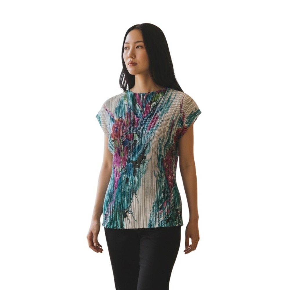 Floral Pleated Cap-Sleeve Top in White with Teal & Pink Size XL
